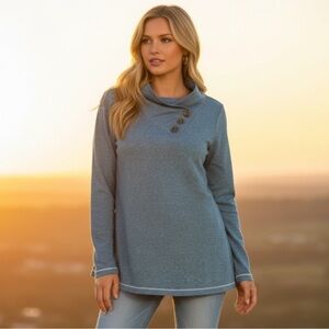 Soft Surroundings French Terry Knit Blue Sweater with Button Accents